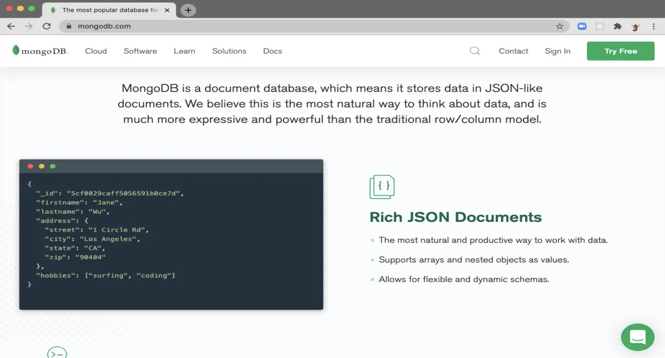 Screen grab of the MongoDB website calling MongoDB a JSON database. 